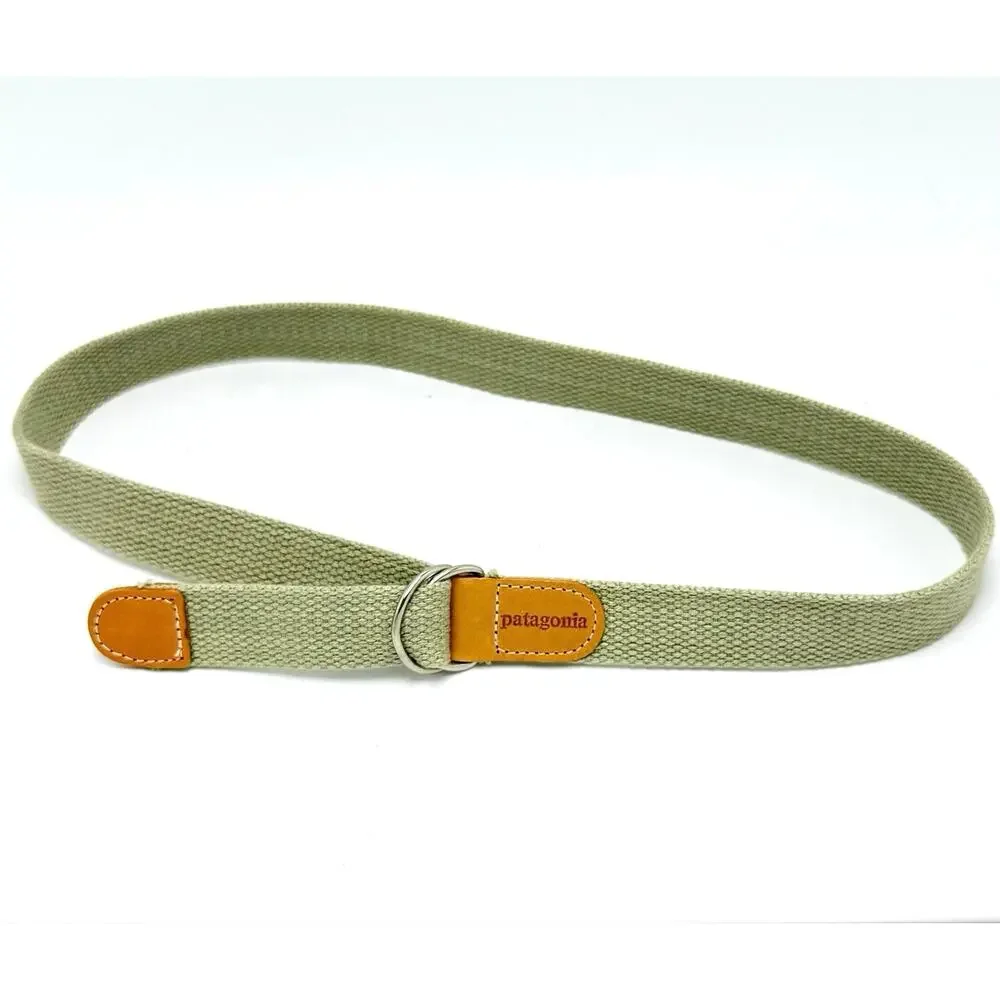 Vintage 1990s Patagonia Belt M 24-29 Pale Green Cotton Web Leather Tabs D Ring